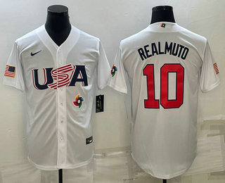 Men%27s USA Baseball #10 JT Realmuto 2023 White World Baseball Classic Stitched Jerseys